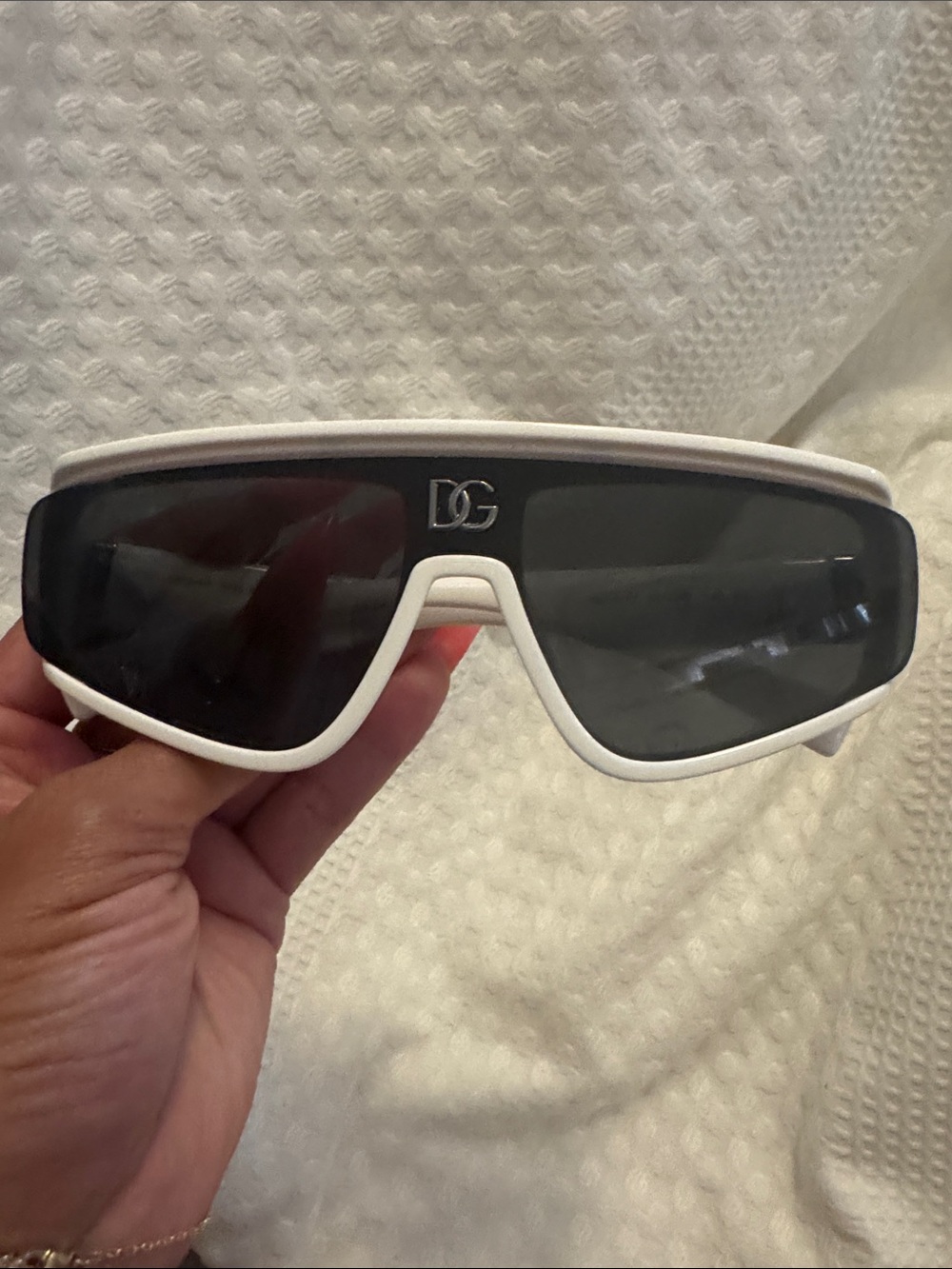 Dolce & Gabbana White Frame Shield Sunglasses with Black Lenses